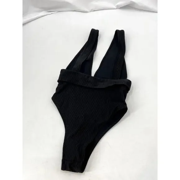 Wanita black ribbed low back one piece swimsuit